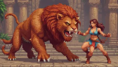 pixelart of a beautiful Persian Huntress, battling a mythical manticore, side scroller style, boss fight, style of Street Fighter, <lora:pixel-art-xl-v1.1:.9>