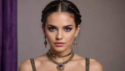HD masterpiece, (((one beautiful woman, 27 yo, persian))), (Skin, A brown, deep, warm complexion with subtle highlights that add depth and texture), (Eyes, Amber, Intense and piercing, with bright reflections that give them a strong and determined expression. Purple makeup or shadows around the eyes enhance their impact), (Eyebrows, Thick and well-defined, adding to the character’s serious and captivating look), (Jewelry & Ornaments, The woman wears elegant metallic accessories, including geometric earrings, a sophisticated choker with intricate patterns, and, ((forehead and hair ornaments)), suggesting a refined and noble culture), (Hairstyle, Styled neatly with braids and metallic embellishments, enhancing the character’s regal aura), (Expression, A mix of determination and mystery, with a strong emotional intensity that immediately draws attention), (((all body visible)))