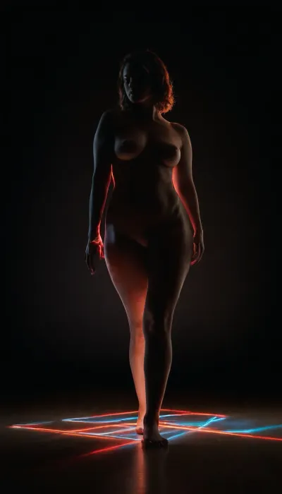 A fine art nude photography series exploring the interplay between light and darkness. A curvy female model with soft yet defined contours and glistening skin is illuminated only by thin strips of neon light in an otherwise pitch-black environment. Her pose is fluid yet intentional, evoking a sculptural quality. Parts of her body emerge from the shadows, while others dissolve into the darkness, creating a sense of abstraction. Her hands remain natural and expressive, free of accessories, allowing her gestures to enhance the composition. Her feet are bare, with delicate traces of fluorescent paint that glow faintly in the dim ambiance. The floor is slightly reflective, capturing glimpses of movement. The composition is cinematic and mysterious, celebrating the balance between exposure and concealment, presence and absence. The contrast between her curvaceous form and the sharp, geometric lighting creates a powerful visual tension.