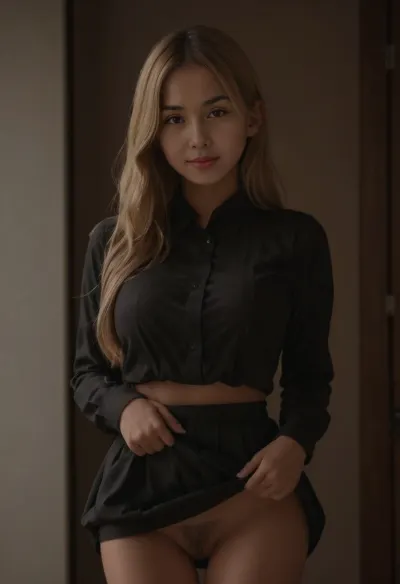 meke it showing pussy and tits, 19 years old white asian girl, girl skinny small tits shaved pussy, lawyer with black tight skirt and blouse, home in the background, long blonde hair, girl shows her pussy by lifting up her skirt, lifted skirt, no panties, (smooth pussy:1.2), lift skirt show pussy and tits, black hair, medium straight hair, sitting showing ass and pussy.

the hair with houlder-length straight black hair with a slight natural curl. The hair should have medium thickness, appear naturally flowing, and be subtly styled for a soft yet polished look.

make the face more chinese look like, more rounded face with small nose wide tip and the lips small but full the skirt lifted and shaved pussy showed, the pussy full shaved with fluffy cameltoe and detailed pussy lips. please make the hand in detail anatomy with same skin tone.

make it different from before, tocco, lingerie, skirtlift, pussy, labia, clitoris, big, open, spread, closed, small, medium, large, long, shaved, pubic, hair, bad, lighting, bright, make the pussy detailed like, 1-alpha, .8>, <lora:SDXL-Tocco-bra:.4>, <lora:JP1-000009:.6>, <lora:skirtlift_xl:.7>