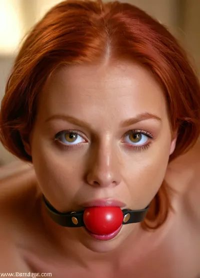 Tanned flushed redhead, gagged, ballgag, matte ball, gag, no lipstick, no makeup, high detail, natural skin, <lora:gagged-4e:1.4>