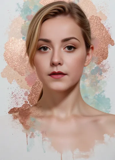 A mesmerizing portrait of a woman by Agnes Cecile, reimagined with luminous design and pastel hues. Copper brush strokes dance across the canvas, ranging from light rose gold to deep bronze and hints of greenish-blue. These strokes create a partial frame, accentuating the woman's features with delicate highlights on hair and facial contours. Sweeping copper strokes in varying opacities add depth and movement to the background, seamlessly blending with existing ink drips. Textured brushes mimic real copper paint, alternating between thin and bold strokes for visual intrigue. The copper elements interact with autumn lights, catching and reflecting luminous highlights. Pastel colors and ink drips harmonize with the metallic accents, creating a multi-layered, tactile experience. The final piece balances luminous qualities with copper elegance, resulting in a breathtaking fusion of traditional and contemporary artistic techniques.