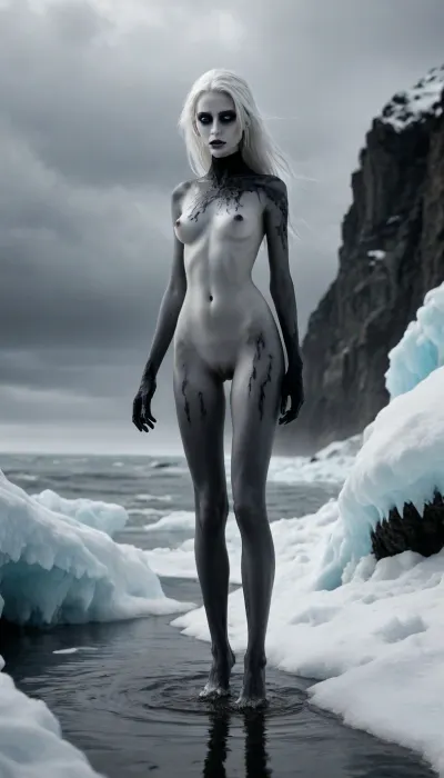 High contrast, Alternative, 18, goth, some are open, non-uniformity, outdoors, blizzard, all white snow, glacier blue, shadow figure, fixed into a super position, blend transformation, skin painted pale white, seductive, imposing, killer's confidence, troll tail, submerged in massive black ink ocean, mascara, mysterious presence, haunting presence, stunning extra long legs, dangerous visitor