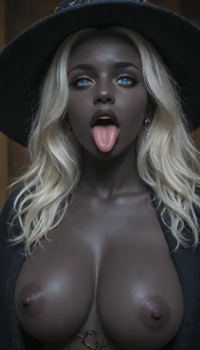 a photo of Senegalese fitness model with, (((white hair, blue eyes, pitch black skin, ebony, very large breasts, very dark lips, crossed eyes, tongue out, ahegao))), (closeup), looking at viewer, horny, closeup, (((long white hair, blue eyes))), crossed eyes, tongue out, BreastsApart, breasts, huge, backbreakingbreasts, tattoo, irezumi, black, dark, wizard robe, IncrsXLRanni, wavy, hair, cracked, skin, colored, blue, (), joints, robe, witch, hat, cloak, <lora:Sweaty_Realism_4-000006:.8>, <lora:Diversify:1.1>, <lora:RanniXLV2:.8>, tongue, out, ahegao, drool, <lora:ahegao_mr_chrisma:.8>