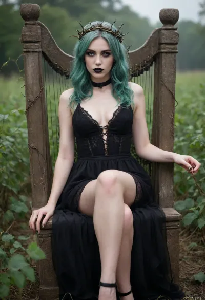 Full length, body shot, Cecia, (AFK_Journey), beautiful woman, deathly pale skin, gray skin, corpse like complexion, zombie cosplay, pale gray skin, dark green hair, slightly messy hair, long hair, defined cheekbones, bright green eyes, pale green eyes, glowing eyes, thin arms, black fingers, clawed fingers, long nails, thin legs, black feet, bare feet, thorns tangled in hair, black lipstick, sheer black dress with gold trim, halter neck style dress, sitting on a throne made of twisted vines, next to a harp made of twisted vines, thorny vines, dark green thorns, in a field, pale green fog, relaxed pose, regal pose, briar motif, briar aesthetic, queenly vibes, undead
