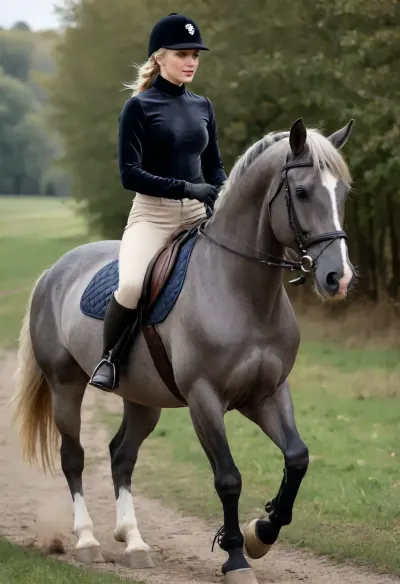 (masterpiece, best quality:1.2), 1 girl, swedish 30yo, solo, tight beige jodhpurs, riding boots, cap, (anthracite velvet high neck shirt, long sleeves:1.4), outdoors, white blonde hair, bright ice blue eyes, short haircut with side parting, hair tucked behind ears, a fearless woman rides bareback atop a galloping horse, her posture strong and balanced as the powerful animal surges forward with unrestrained speed. The rhythmic thunder of hooves echoes the wild freedom of their swift motion. Every muscle in the horse's body ripples with energy, its mane flying in the wind, as they seem to merge into one unstoppable force, racing against the horizon., photorealism, r1d1ngb00ts, RiHorse, front_view, half_front_view, side_view, galloping, <lora:Equestrian_riding_boots_2_SDXXXL:.5>, <lora:RideHorse.0.9:.5>