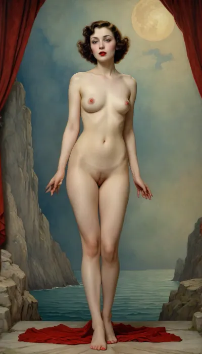 full nude, bright red lipstick, full length view, by Edmund Dulac