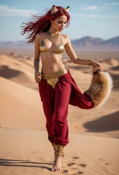 Full length, body shot, Satrana, ember enchantress, (AFK_Journey), young woman, kind, cheery, fit, lithe body, dancers physique, extremely tanned skin, extreme tan lines, deep red hair, scarlet hair, long hair, slightly messy ponytail, wavy hair, ponytail, bright red eyes, ornate magical floating ruby, thin red desert attire, dark red dancer attire, belly dancer outfit, desert dancer attire, baggy pants, thin clothes, leg silhouette visible under pants, silhouetted legs, lots of gold jewelry, streaked hair, gold bangles, gold hip chain, gold choker, gold accents, fox ears, large fox ears, extremely bushy fox tail, extremely fluffy tail, raised tail, tail the size of her torso, tail behind back, extremely large fox tail, fox beastkin, fox girl, dancer pose, in a desert, patterned tan lines, tribal tattoo tan lines, dancer motif, dancer aesthetic, tribal vibes, ruby floating slightly above her hand, fantasy setting