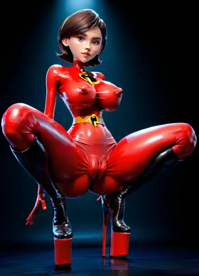 (intricately detailed Helen Parr from the incredibles in red latex full body catsuit), squatting, (very high platform high heel shoes:1.5), (covered very large nipples:1.5), (covered huge Round Breasts:1.5), (very round ass:1.2), (detail long straight black hair), naked woman, (skinny:1.5), (huge cameltoe:1.7), Dark background