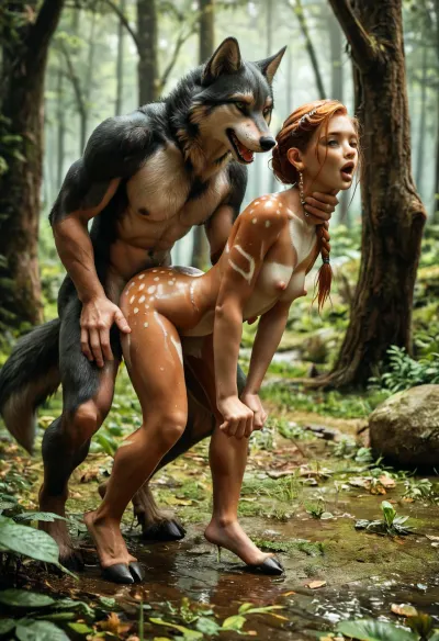 8K, UHD, hyper-realistic, full-body portrait, a beautiful redhead is mid-transformation from human to deer in a lush redwood forest, she has deer-like ears, (very small breasts), her body is still mostly that of a beautiful and athletic woman, (she has hooves for feet:1.2), (her hands are still human), (her body is completely covered with a light brown velvet fur with colorations and markings like a deer:1.9), (every square inch of her body covered in fur), (1man, mid-transformation from a man into a wolf with wolf feet and a huge erect furry penis is fucking her standing doggystyle against a large tree:1.3), (holding her neck with one hand), (orgasm, pleasure:1.3), close-up of face, <lora:add-detail-xl:.8>, <lora:MJ52:.8>