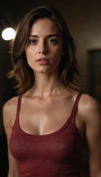 Beautiful woman wearing a tanktop no bra, analog photography, professional fashion photoshoot, hyper realistic, masterpiece