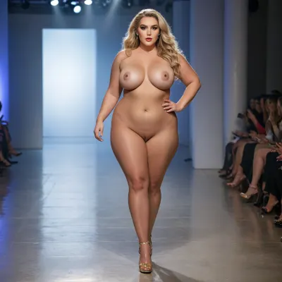 A woman of approximately 25 years old, with a striking and confident presence on the catwalk. She is plus size, with generous curves that highlight her breasts and butt, celebrating the diversity of bodies in fashion. Her long, shiny blonde hair falls in soft waves, reflecting the light as she walks the catwalk. Her makeup is impeccable, well-cared for skin with a luminous finish, eyes highlighted by smoky eyeshadow and long lashes, vibrant lips that complement the look and defined eyebrows that frame her face. Completely sexy and naked, thick legs, high heels, shaved vagina, feet in high heels