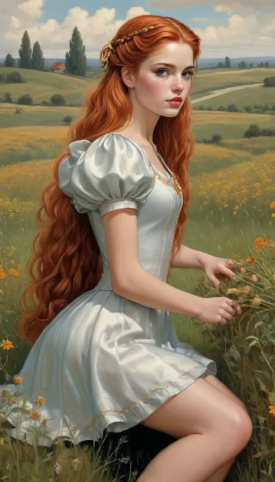 masterpiece, best quality, on the river bank, 1girl, solo, looking at viewer, long hair, ponytail, blue eyes, orange hair, very long hair, brown hair, magical girl, (style Michael Cheval:1.5), J.C., Leyendecker, Style, page, burlesque, dress, <lora:J.C. Leyendecker Style:.8>, <lora:xl_burlesque_dress-1.0:.8>