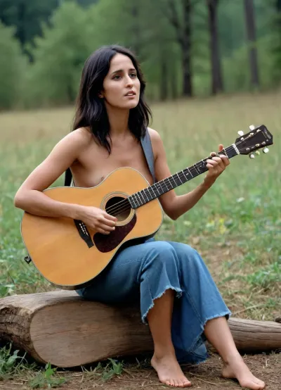 latin american, 25 yo, ((undressed)), hairy pussy, ((focus on pussy)), full body, woodstock festival, guitar