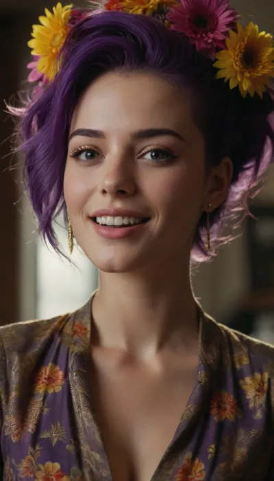 A stunning 8K masterpiece! A beautiful young woman with flawless and purple hair, high-definition skin shines brightly under natural light with subtle ray tracing and volumetric effects. Her golden-ratio face is perfectly proportioned, with parted lips and captivating eye contact that draws the viewer in. She's dressed in a blouse adorned with vibrant flowers, her mohawk styled to perfection. The camera captures her laughing, with edge lighting adding depth and dimensionality. The overall effect is one of mesmerizing beauty, presented like a photography film print.