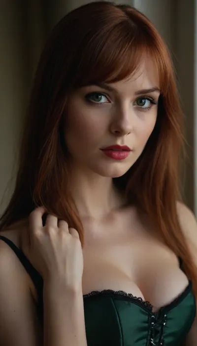 A close-up photo of a woman from Poland, with long red hair and bangs, wearing a black corset. She has a serene expression in her almond-shaped eyes, expressive green eyes, soft lips with a hint of red lipstick, and smooth, fair skin with a hint of natural glow. Her makeup includes subtle eye shadow, mascara and a light blush that highlights her cheekbones. Her hand is gently placed near her shoulder, showing off her manicured nails. She stands near a softly lit window, the soft natural light highlighting her features. The background is slightly blurred, focusing on the face and upper body. break high resolution camera, close-up lens, natural lighting, modern realism, soft shadows, intimate scenery, HD quality, natural look