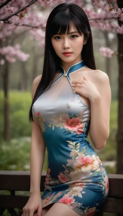 (masterpiece, top quality, best quality, official art, beautiful and aesthetic:1.2), hdr, high contrast, wideshot, 1girl, long black straight hair with bangs, looking at viewer, relaxing expression, clearly brown eyes, longfade eyebrow, soft make up, ombre lips, large breast, hourglass body, finger detailed, BREAK wearing half naked floral cheongsam, holding flower, (smeling flower), (spring season theme:1.5), windy, spring forest background detailed, by KZY, BREAK frosty, ambient lighting, extreme detailed, cinematic shot, realistic ilustration, (soothing tones:1.3), (hyperdetailed:1.2)
