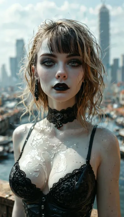 gothic, goth, pale skin, dark black eyes, blond hair, bangs hair, black eyeliner, (black lipstick), white skin, perfect eyes, small eyes, detailed eyes, small nose, good anatomy, ultra detailed, high resolution, wonderful scenery, aesthetics, background, fake breasts, slut face, whore, (posing:1), sexy posing, (illustration:1), (hand drawn:1), (anime:1), <lora:MJ52:1>, <lora:EnvyZoomSliderXL01:-2>, <lora:detailed_notrigger:.5>