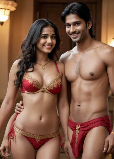 Yung Indian women wearing traditional royal bra and panties tight and devilish smiling, affair with poor dirty man, bugging him