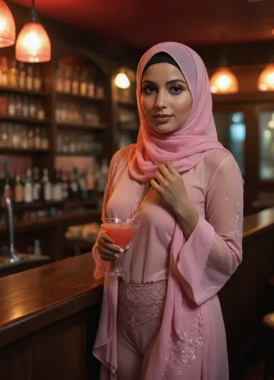 Hot Pakistan women wearing transparent hijab with pink hot shine bran and panties, Standing in bar, holding cocktail in right hand