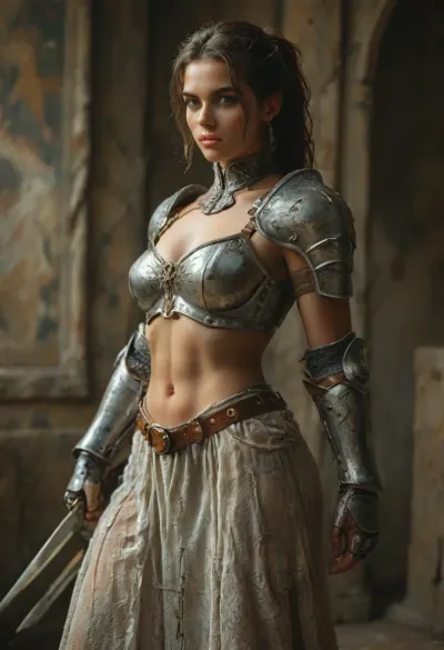 (Movie poster for a 1960s horor movie version of breakfast at Tiffany's:1.4), 1girl, best quality, ultra-detailed, masterpiece, finely detail, highres, 8k wallpaper, sexy heavily armored european knight with massive tits and a slim waist plus thick thighs, elegant posture, dynamic pose, dynamic angle, dark fantasy, rembrant lighting, highly detailed castle overgrown with vegetation in the background, a confident plus dominant aura and demeanor, athletic body with tight abs and toned muscles, heavy weighty metal armor thats worn from battle, belts and straps, metal armor plating, metal breastplate, large metal gauntlets, large metal pauldrons, medieval knight with heavy armor, bulky thick armor, dimly light, soft gentle lighting, chain accessories, extremely detailed face with a strong jawline plus defined cheek bones plus freckles and beauty marks, stunningly beautiful face with a intoxicatingly seductive and aroused expression, radiating powerful sexual energy, overcast and rainy, 25yo woman, cute tight ass, thick heavy metal tassets, big bow in ponytail, chainmail skirt, plain ocher velvet underdress, holds a sword, <lora:498614_training_data:.5>, <lora:tbh71-sdxl:.5>, <lora:MJ52:.8>