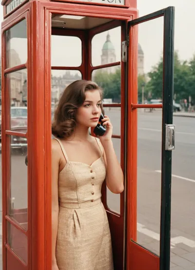 A vintage-style photo of a young woman, 18 years old, standing inside an old-fashioned phone booth in the middle of a city. The woman is seen from behind, holding the phone to her ear. The photo is taken from outside the booth, capturing her through the glass. She is dressed in retro clothing from the 1960s or 1970s. The city around her has a nostalgic atmosphere, with vintage cars and soft, faded colors giving the image an old photo feel. The lighting is soft, like a late afternoon glow.