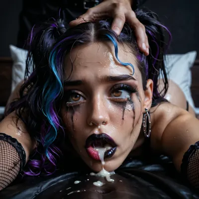 Score_9, score_8_up, score_7_up, (close-up of her face:1.4), (1girl, 1man), (long hair), (multicolored hair, (The girl is crying), (dark purple hair), (bright blue hair)), (twintails), (wavy hair), (messy hair), (wet hair), submissive, (pointy breasts), (retrousse tits), (nipple piercings), (bimbo slut makeup), (mascara running down her face), (incredibly long lashes), (bimbo lips), (black lipstick), (super snatched waist), (pencil waist), (huge bbl ass), (oiled glossy skin), (sweaty skin), (shaved pussy), (white skin), (pale skin), (gothic), (goth), (tan lines:.8), (brown eyes), (perfect mouth), (perfect lips), (topless), (bottomless), (no clothing except a black garter belt and black fishnet thigh-high leggings and black platform stilettos and black fishnet arm sleeves), perfect eyes, (she's laying prone on a bed with her face near the viewer, a man is roughly lifting her head off a pillow by grabbing the top of her head:1.2), (palming the top of her head:1.2), exhausted, tired, hair and makeup was elegant and beautiful but is now messy and disheveled after hours or rough sex, (ruined makeup), (smudged lipstick smeared across face), (cum running out of her nose and mouth onto the bed), (excessive amounts of cum:.8), (vacant expression), (fucked stupid, brainless), (black walls), (gothic bedroom), (blue and purple neon lighting), (bright neon lighting), HighRes Fix, ADetailer, Inpainting, Upscale, Photoshop, <lora:PerfectEyesXL:.8>, <lora:dark:.5>, <lora:315758_training_data:.8>