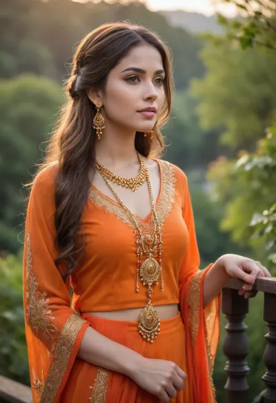 "A young woman stands gracefully outdoors, wearing a vibrant orange traditional outfit adorned with delicate gold embellishments. Her long, flowing hair cascades over her shoulders, complemented by intricate earrings and a beaded necklace. She leans against a railing, with a blurred natural background featuring greenery and a soft sunset