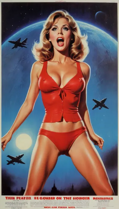 (((In the style of a 1970s horror movie poster))), poster for a movie called "Massacre at 35000 ft", wide_shot, wide shot, terrified stewardess in ripped stewardess uniform, (((cleavage))), (((screaming))), (terrified, scared, running in fear, look of terror), (night, nighttime, midnight, moonlight), (empty 747, airliner), (long angle lens, longshot, wide_shot, 18_MM, film, grainy), wavy_feathered_hair, slender, athletic, large breasts, natural breasts, saggy breasts, long legs, toned legs, smears of red_paint on her body and clothes, erotic, scary, horror, dirty, smutty, Movie, Poster, page, <lora:Movie Poster:.8>