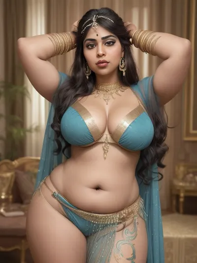 A indian chubby big ass woman poses confidently indoors, wearing a stunning modern belly dance-inspired outfit. The ensemble features a gold sequin-embellished bralette paired with sheer blue fabric draped into high-slit bottoms, tied at the hips with matching blue ribbons. She accessorizes with bold gold earrings and hairpins, and has a striking snake-and-flower tattoo on her thigh. Her hand is raised to adjust her hair, adding to the poised and elegant attitude. The soft background and lighting draw focus to her sensual yet graceful appearance.", domestic atmosphere.", Cinematic and luxurious, view alutrawide angle, wide angle, full extra wide angle, full portrait, 4k details, extra detail, soft hands, sober face