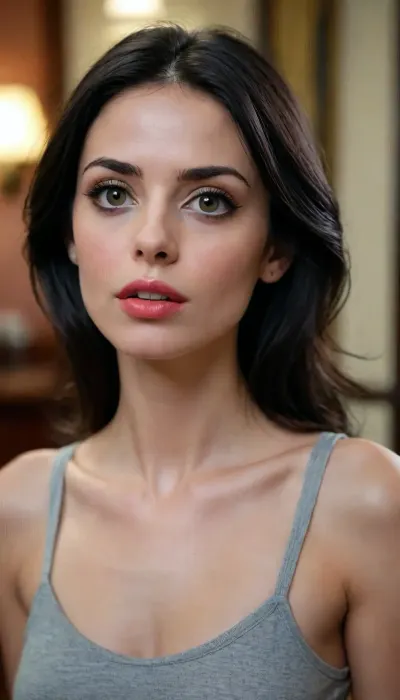 1girl, exotic beauty, doll-like features, Spanish, pale silver eyes, black hair, big eyes, high cheekbones. Full lips, 30 year old woman, very skinny, fashionable clothes, no makeup, cinematic still, 4k epic detail, shot on kodak, 35mm photo, sharp focus, high budget, cinemascope, moody, epic, gorgeous, film grain, grainy