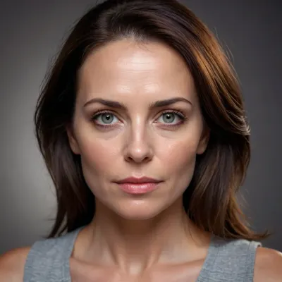 Portrait of a beautiful 40nyear old woman with subtle imperfections that make her look unique, light grey eyes, dark brown hair, fair skin, poses studio photo
