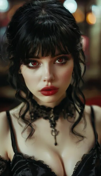 gothic, goth, pale skin, dark black-red eyes, black hair, bangs hair, black eyeliner, (black lipstick), white skin, perfect eyes, small eyes, detailed eyes, small nose, good anatomy, ultra detailed, high resolution, fake breasts, slut face, whore, (ahegao:1), sexy posing, (illustration:1), (hand drawn:1), (anime:1), <lora:style_lora_realis:1>