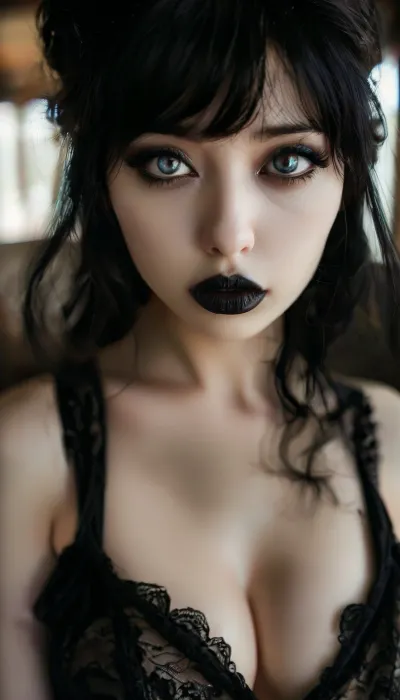 gothic, goth, (asian), pale skin, dark black eyes, black hair, bangs hair, black eyeliner, (black lipstick), white skin, perfect eyes, small eyes, detailed eyes, small nose, good anatomy, ultra detailed, high resolution, fake breasts, slut face, whore, (ahegao:1), sexy posing, <lora:style_lora_realis:1>