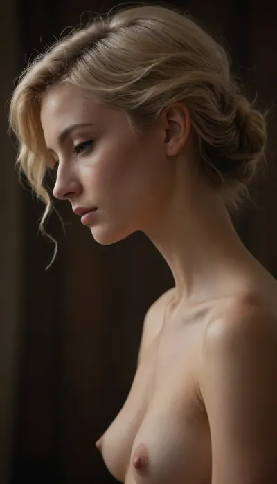 masterpiece, best quality, (ultra-detailed photorealistic nude study of a stunning young woman:1.3), (female body in profile:1.4), (sense of vulnerability, romantic intimacy, bashful expression:1.5), (flawless pale alabaster skin:1.1), (ash blond hair with dark roots, short cut hair, stylish swept back hair, hair cut in textured waves), (soft breasts, high breasts, small natural breasts), minimalist composition, sharp focus on eyes and hair details, subtle vignette, (dramatic cinematic lighting:1.2), strong key light illuminating the face, soft rim light creating separation, deep contrasting shadows, shot on Sony A7R IV with 85mm f/1.4 lens, shallow depth of field, bokeh background, professional color grading, RAW photo quality, 8k UHD, insanely detailed, intricate details, natural skin texture, natural hair texture, award-winning photography, striking visual contrast