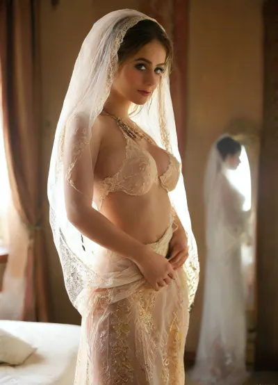 full body image, A high-end, modern bridal portrait of a slightly curvy Iranian bride in a luxurious white wedding gown with subtle Persian-inspired embroidery. She is posing gracefully in front of a warm, golden-hour lighting gently highlights her features. Her makeup is a refined blend of traditional Iranian elegance and modern beauty trends. She wears delicate gold jewelry and a light lace-trimmed veil. The photo is taken with a shallow depth of field, Several naked Arab black men are lined up for the bride. cinematic mood, and a soft, glowing tone that emphasizes confidence and warmth. Studio-style composition with clean, upscale aesthetics., <lora:MJ52:.8>, Persian, patterns, Patterns, Pattern, <lora:patterns_beautiful_persian_patterns:.8>, <lora:gloomy_blue_aesthetic:.8>, titsqueeze, <lora:titsqueeze_SDXL:.8>