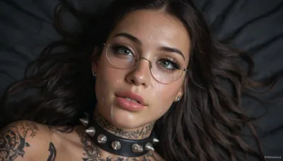 (Africangirl:1.5), (black skin:1.5), (ebony:1.5), close-up on head of cute slutty woman, laying on bed after having been used intensely, facing viewer, tired but happy, slight smile, black makeup, (forehead full of cum:1.1), (nose full of cum:1.1), (mouth full of cum:1.1), (cum running onto bed:1.1), (lots of cum), (loads of cum), bukkake, warm light, beautiful morning, (wet long hair:1.8), (wet face:1.6), (long eyelashes:1.6), (plump lips:1.6), (round glasses), (collar with spikes:1.3), (green eyes), (black bed linen:1.7), (tattoos on the whole neck:1.8)