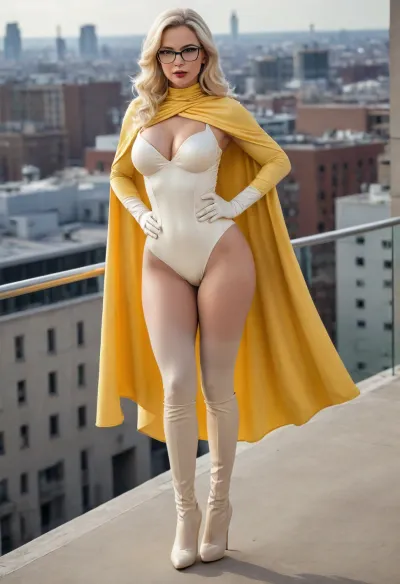 Full body, Diamond Milf, extremely large breasts, extremely large ass, extremely large hips, extremely thin waist, extreme hourglass figure, top heavy, bottom heavy, front heavy, back heavy, bimbo body, athletic, strong, muscular, milf, long wavy platinum blonde hair, pale skin, glasses, light makeup, yellow eyes, super heroine, white leotard, sleeved pale yellow gloves, thigh high pale yellow heeled boots, pale yellow cape, pale yellow eye mask, standing on top of building