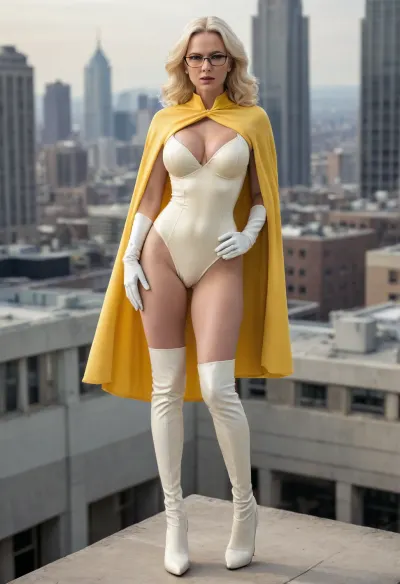 Full body, Diamond Milf, extremely large breasts, extremely large ass, extremely large hips, extremely thin waist, extreme hourglass figure, top heavy, bottom heavy, front heavy, back heavy, bimbo body, athletic, strong, muscular, milf, long wavy platinum blonde hair, pale skin, glasses, light makeup, yellow eyes, super heroine, white leotard, sleeved pale yellow gloves, thigh high pale yellow heeled boots, pale yellow cape, pale yellow eye mask, standing on top of building