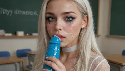 white wet shiny transparent blouse, portrait view, blue dildo blowjob, (cum on face:1.4), (((oiled skin:1.3))), ((slutty makeup:1.3)), ((((white long hair)))), 19yo chunky teacher, at blackboard in classroom, blue plaited school mini skirt, most beautiful eyes, amateur female model, beautiful, natural body, (big breasts), blue eyes, ((white high fishnet stockings)), white choker, (((oiled skin:1.2))), (horny), detailed perfect tits, (liquid flows from mouth to chest), (liquid splashes out of mouth), liquid splashes out of mouth, (sloppy), perfect eyes, (hip gap, narrow waist:1.4), standing, close up, look at me, bend over, (shy, blushing:1.4), Flirting
