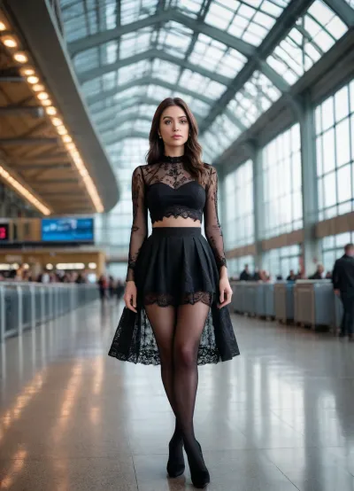 “
A woman with long dark hair standing in a modern indoor setting, possibly an airport or train station, with a glass structure and seating area in the background. She is wearing a sheer black lace top with intricate patterns and a matching black skirt, with a pink top being pulled off over her head, revealing her back. She is also wearing sheer black tights, and the scene appears to be captured in a candid moment." Cinematic and luxurious, view alutrawide angle, wide angle, full extra wide angle, full portrait, 4k details, extra detail, soft hands, sober face