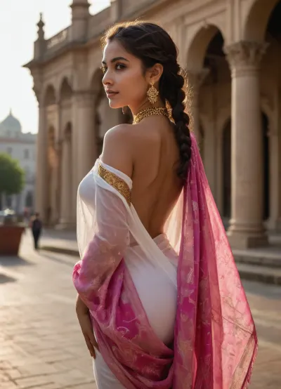 “Abeautiful South Asian woman dressed in a hot wet sari, flowing white outfit with bold pink patterns transparent, ((not wearing indide)), standing in a sun-kissed urban plaza with classic architecture in the background. Her attire drapes gently around her curves, ((big glossy butt)), ((nig shinning Ass), and a sheer scarf partially covers her head, adding an element of mystery. Her long braid, adorned with golden jewelry and tassels, falls gracefully down her back. She glances over her shoulder with a teasing smile, capturing a moment of quiet confidence and allure. The lighting creates soft highlights on her skin and fabric, evoking a sensual, dreamy mood. The scene blends cultural elegance with subtle romantic energy in a modern outdoor setting."
" back side, looking forward" Cinematic and luxurious, view alutrawide angle, wide angle, full extra wide angle, full portrait, 4k details, extra detail, soft hands, sober face)
