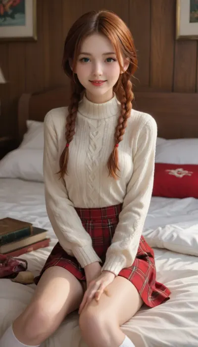 1 girl, freshman, American, very cute, happy smiling face, (reddish auburn hair), (intricate braided hair), skinny, small waist, skinny thighs, petite, small flat, (collegiate uniform with a sweater and a mini skirt), white cotton knee high socks, dorm room, books, pillows, sitting on the edge of her bed