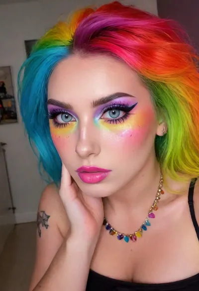 (avant-garde snapshot aesthetic, loving girlfriends, cuddling girlfriends:1.6), (punk rock model, punk attitude, punk hair style, eye catching hairstyle, vibrant hair:1.5), (rainbow makeup, vibrant makeup, shimmering makeup, pride makeup:1.6), (focus on eyes, sharp focus on eyes:1.7), (detailed skin, maximum skin detail, detailed clothing:1.3), (natural skin texture, natural hair texture, vellus hairs, goosebumps:1.3), (vibrant and inspirational color palette:1.2), (shallow depth of field:1.4), (dramatic lighting:1.3), (blurred background:1.1), ziprealism, igbaddie, <lora:igbaddie-XL:.8>