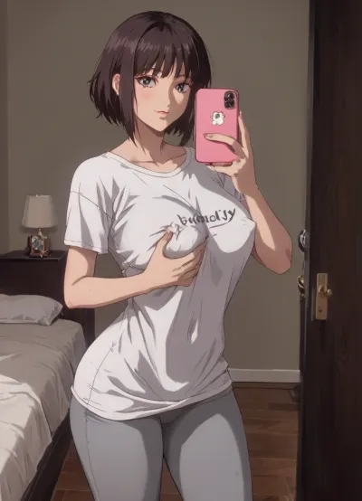 Huge fake breasts, grey leggings, brunette, very lustful, very horny, standing, huge ass, huge hips, oversized T-shirt, apartment, ass view, skinny, skinny thighs, mirror selfie, erect nipples, grabbing breasts, <lora:NEOTOKIOXL_0.2_RC:1.4>