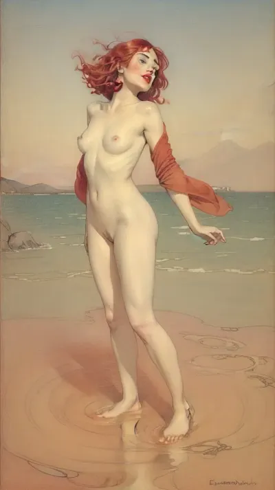 full nude, bright red lipstick, barefoot, by Edmund Dulac style, JnTrp, <lora:JnTrp:.8>