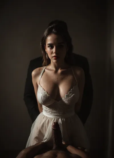 interracial Sex., large black penis POV, ((Iranian chubby bride)), busty, saggy tits, in a sharp, minimal white wedding dress with clean geometric cuts, standing still, hands by her sides, expression emotionless, hair slicked back, lips painted in matte dark red, ((Iranian groom)), standing slightly behind her, dressed in a fitted black suit, his hands placed tensely on her shoulders, eyes staring into the distance, posture upright and restrained, ((Jamaican groom)), standing apart but dominant in presence, dressed in dark leather or tactical-styled fashion, arms crossed, looking toward the couple with a sense of silent authority

background, brutalist concrete space, cold industrial lighting, high-contrast shadows, no softness — only structure, dominance, and tension in the air

color palette, greys, silvers, blacks, pale white skin contrasted against deep brown tones, harsh highlights, cinematic noir mood




girl, love, Batman, 1989, rope, black, tape, gag, bondage, <lora:dark:.4>, <lora:love:.6>, <lora:M05_Intensify:.5>, <lora:batman 1989:1>, <lora:bdsm_SDXL_1_:1>