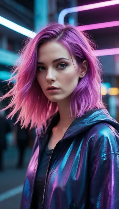 A mesmerizing, high-contrast photograph with a gritty, film-like quality, achieved through the use of negative infrared and cross-process techniques, resulting in an intense, neon-like glow. Ethereal glowing hair. The subject, a model, confidently with blurred, dynamic lines, conveying a sense energy. The model wears a rare, glitch-inspired outfit with distorted, pixelated patterns, evoking a futuristic, Matrix-like aesthetic. The image is captured from a dynamic, low-angle perspective, adding to the overall sense of intensity and drama. The model's features are sharp, with a relaxed, chilled expression, surrounded by a halo of vibrant, glowing light. The image is characterized by bold, vibrant colors with a predominance of blues and purples, adding to the overall sense of futuristic, cyberpunk style.