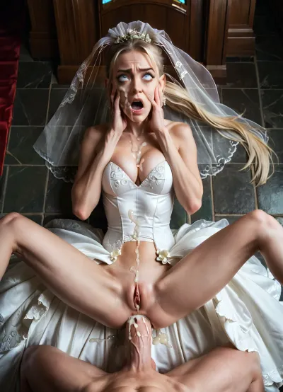 single girl, 25yo, lying on her back, being raped, skinny blonde, pale skin, skinny waist, skinny thighs, skinny legs, (fear:1), (pain:1), (angry), Cleavage, medium breasts, Long Hair, ponytail, night, full body, (wedding dress), (wide eyes), (rolling eyes:1.4), (((female bride))), Realistic Eyes, Realistic quality, 8k, open, illuminated, pov, (hands holding cheeks:1.2), (anal:1.3), cum on chin, cum on chest, in a church, (masterpiece, best quality, incredible detail, perfect lighting, ultra high skin detail:1.2), anal, from, above, front, spreading, legs, extreme, scared, expression, open_mouth, style-bridal, pulling the hair, (giant dick:1), cum, facial, mouth, full, of, amateur, flash, photo, dark, background, on, face, body, clothes, swapping, man, excessive, covered, in, ejaculation, projectile, back, ass, pussy, cupping, hands, cumdrip, after, sex, vaginal, (cum on face), (cum on pussy), (cum in mouth:1.1)