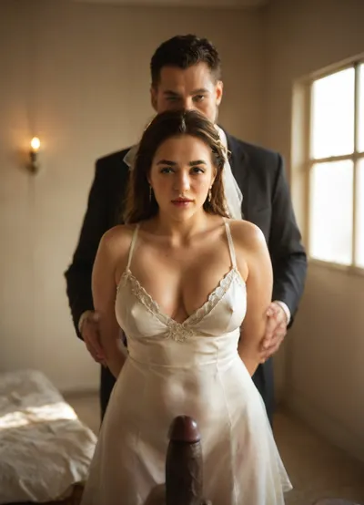 POV of cuckold white husband, interracial Sex., large black penis POV, ((Iranian chubby bride)), busty, saggy tits, in a sharp, minimal white wedding dress with clean geometric cuts, standing still, hands by her sides, expression emotionless, hair slicked back, lips painted in matte dark red, ((Iranian groom)), standing slightly behind her, dressed in a fitted black suit, his hands placed tensely on her shoulders, eyes staring into the distance, posture upright and restrained, ((Jamaican groom)), standing apart but dominant in presence, dressed in dark leather or tactical-styled fashion, arms crossed, looking toward the couple with a sense of silent authority

background, brutalist concrete space, cold industrial lighting, high-contrast shadows, no softness — only structure, dominance, and tension in the air

color palette, greys, silvers, blacks, pale white skin contrasted against deep brown tones, harsh highlights, cinematic noir mood




girl, Batman, 1989, reij-snrs, light, and, shadow, by, <lora:M05_Intensify:.5>, <lora:batman 1989:1>, <lora:sunriseSDXL-000009:.7>, analog, AnalogRedmAF, <lora:AnalogRedmondV2-Analog-AnalogRedmAF:.8>